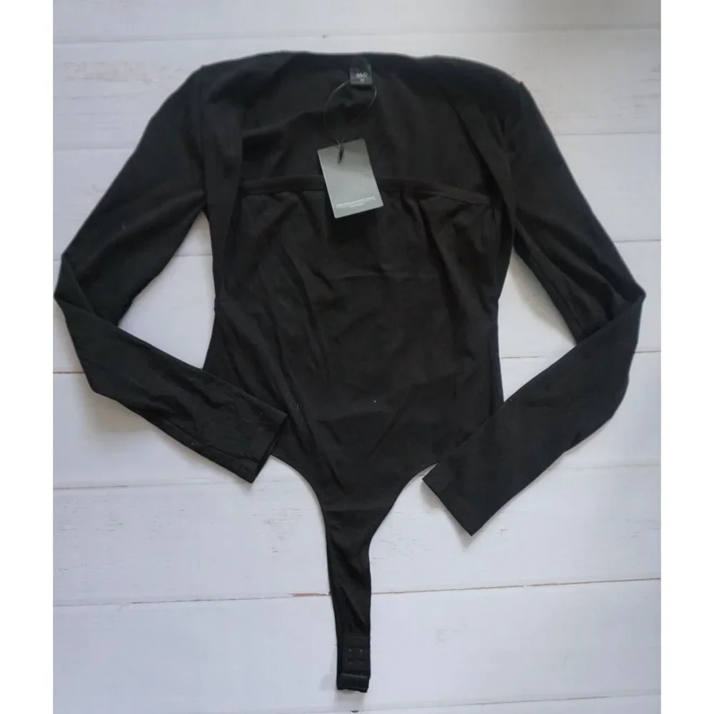 IWD Black Long Sleeve Bodysuit Square Neck Ribbed Slim Fit - Size M NWT - Picture 2 of 7